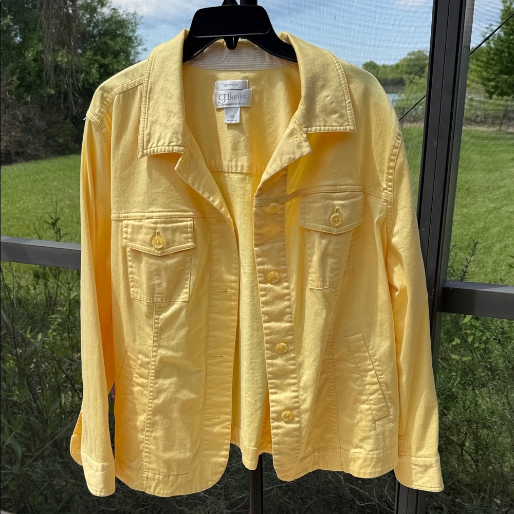 CJ Banks Pale Yellow Button-Front Denim Jacket